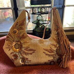 Chic Embroidered Hobo Bag in Beige and Brown